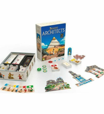 Asmodee 7 Wonders: Architects board game, colorful game pieces and cards for strategic tabletop gameplay.