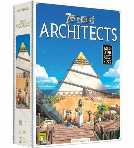 Asmodee 7 Wonders: Architects board game with colorful cards and game pieces laid out on a table for indoor play.