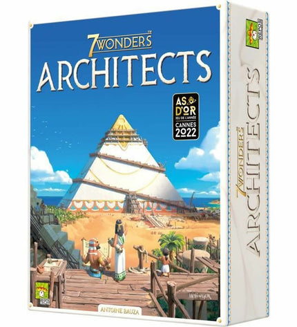 Asmodee 7 Wonders: Architects board game with colorful cards and game pieces on a wooden table, showing a strategic tabletop game.