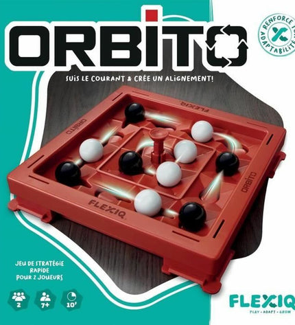 Asmodee Orbito board game with colorful playing pieces and game components on a wooden table surface.