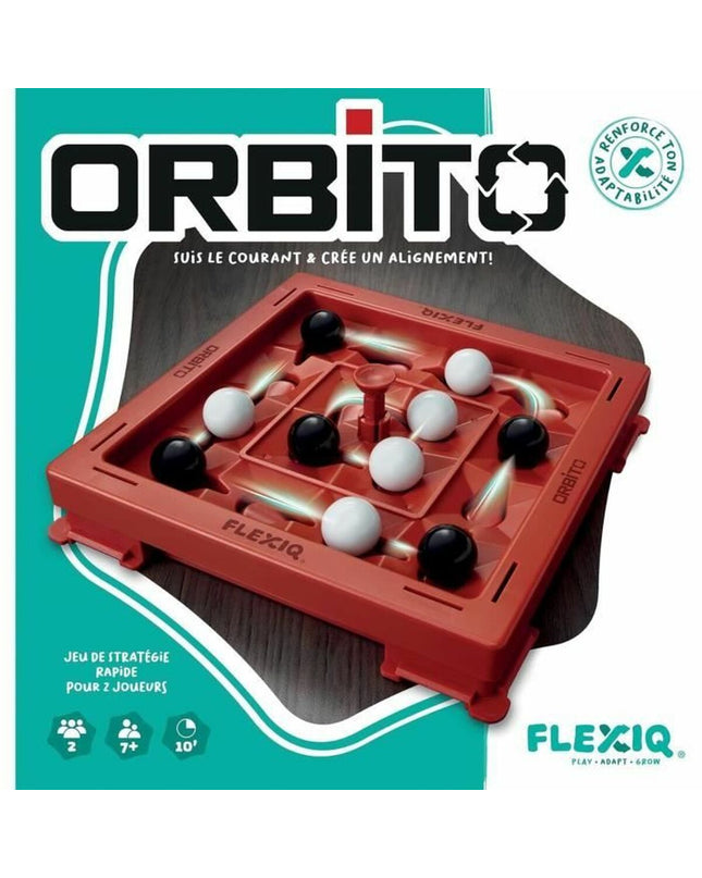 Asmodee Orbito board game with colorful playing pieces and game components on a wooden table surface.