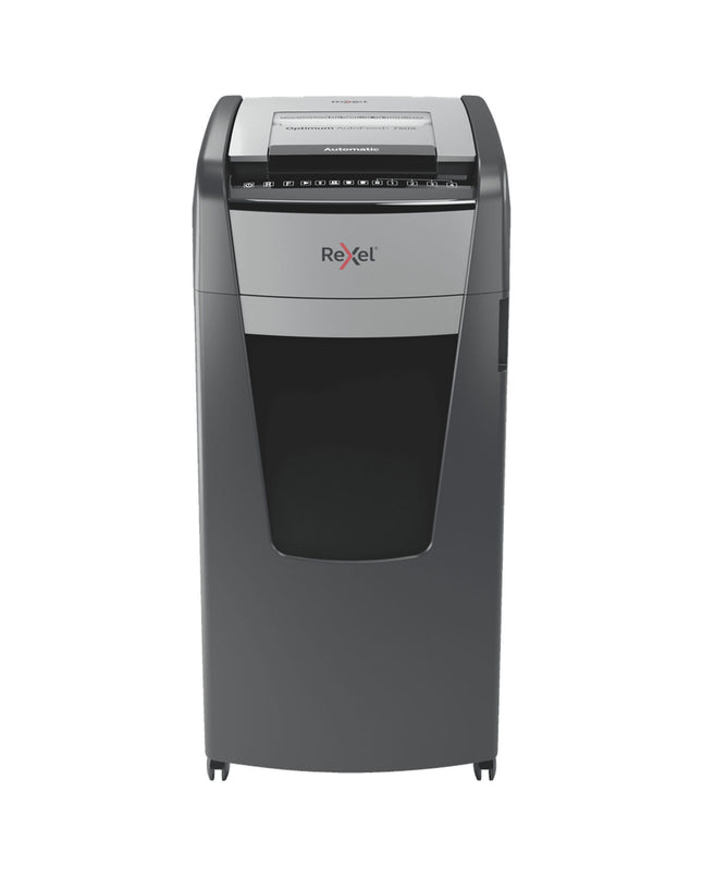 Rexel AutoFeed+ 750X paper shredder for office use, with paper feed tray and control panel for secure document disposal