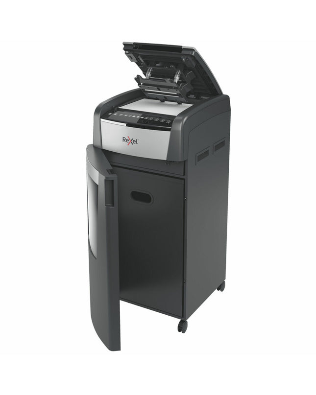 Rexel Optimum AutoFeed 600X paper shredder for office use, showing shredding slot and control panel in a modern office setting.