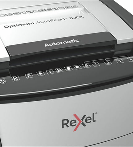 Rexel Optimum AutoFeed 600X paper shredder for office use with automatic feed and compact design.