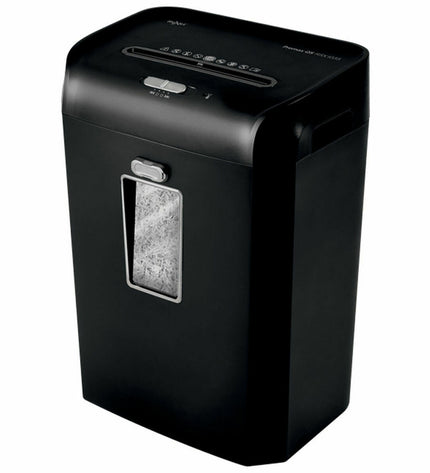 Rexel Promax QS RSX1035 paper shredder for office use, with paper feed slot and control panel, in black and silver.