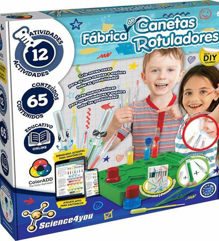 Science4you educational game with colorful game pieces and science-themed accessories for kids' learning and fun.