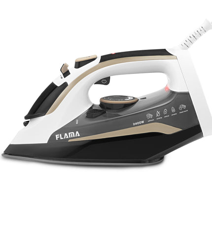 Flama GV80 2400W steam iron with adjustable temperature control, steam burst, and ergonomic handle for effective ironing.