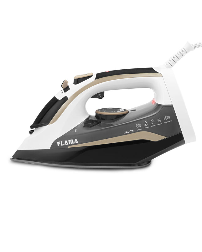 Flama GV80 2400W steam iron with adjustable temperature control, steam burst, and ergonomic handle for effective ironing.