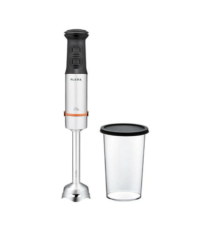 Flama Handblender 2042FL in stainless steel with 1000W power for kitchen blending tasks, shown with blending attachments.