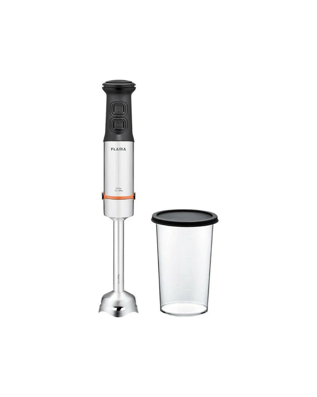 Flama Handblender 2042FL in stainless steel with 1000W power for kitchen blending tasks, shown with blending attachments.