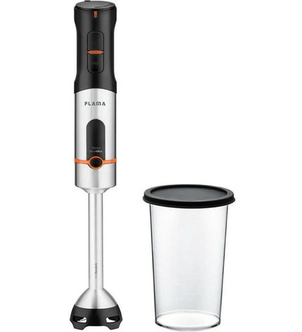 Flama 2062FL stainless steel hand blender with 1500W power, shown with blending attachments on a kitchen countertop.