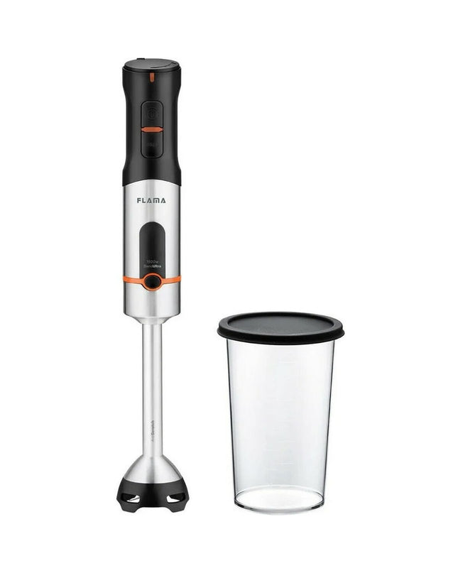 Flama 2062FL stainless steel hand blender with 1500W power, shown with blending attachments on a kitchen countertop.