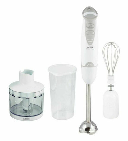 Haeger HB-400.012A Wit handblender with 400W power, compact electric kitchen appliance for blending and mixing.