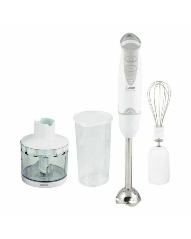 Haeger HB-400.012A Wit handblender with 400W power, compact electric kitchen appliance for blending and mixing.