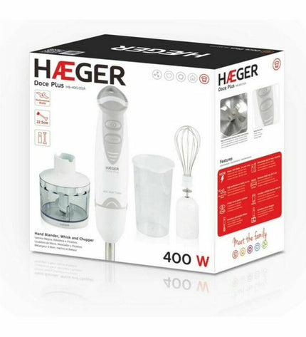 Haeger Handblender HB-400.012A Wit with 400W power, compact electric kitchen appliance for blending and mixing.