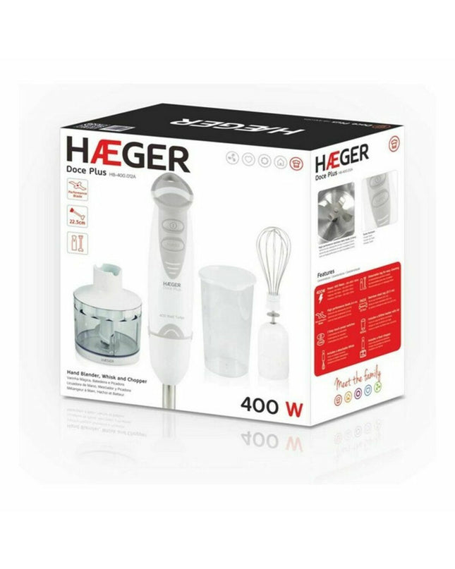 Haeger Handblender HB-400.012A Wit with 400W power, compact electric kitchen appliance for blending and mixing.