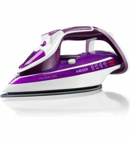 Haeger Pro Glider 2600W steam iron with sleek design, ergonomic handle, and water tank for effective clothing steaming.