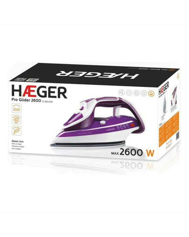 Haeger Pro Glider 2600W steam iron for home use, featuring a sleek design and adjustable temperature controls.