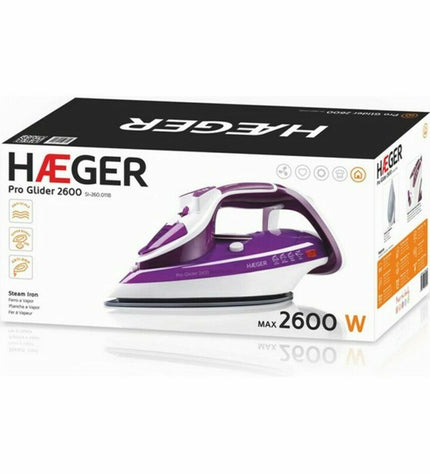 Haeger Pro Glider 2600W steam iron with ergonomic handle and water spray, suited for household and professional ironing.