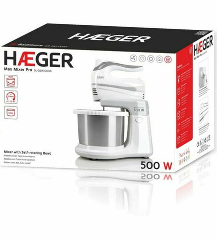 Haeger BL-5BW mixer with 2L bowl, 500W power for home cooking, small electric kitchen appliance in white and stainless steel.