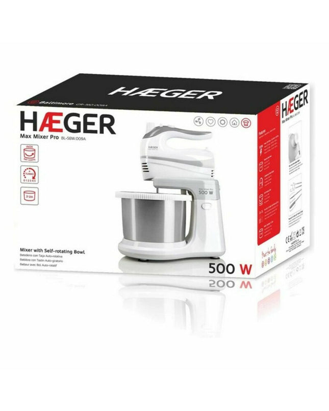 Haeger BL-5BW mixer with 2L bowl, 500W power for home cooking, small electric kitchen appliance in white and stainless steel.