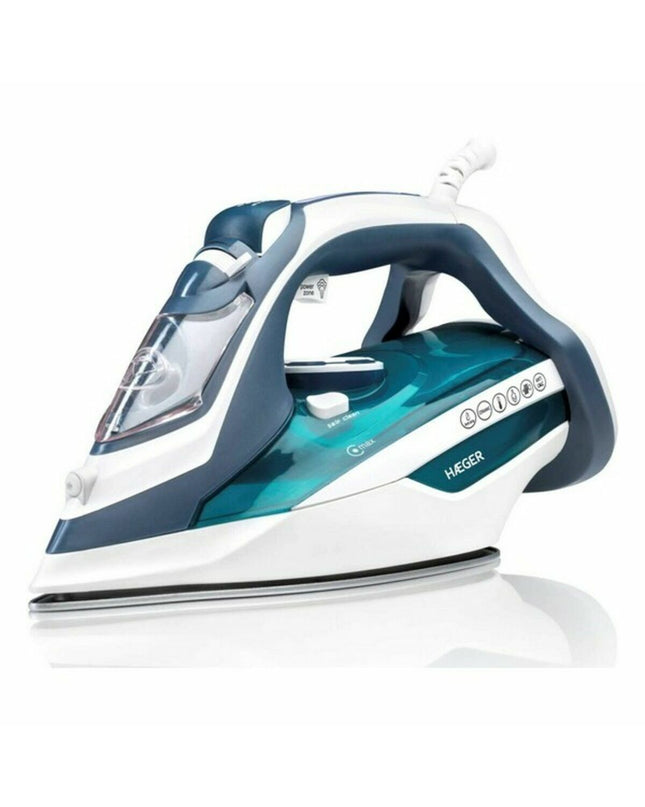 Haeger SI-280.012B steam iron with 2800W, white and black design, featuring water tank and control buttons for household ironing.