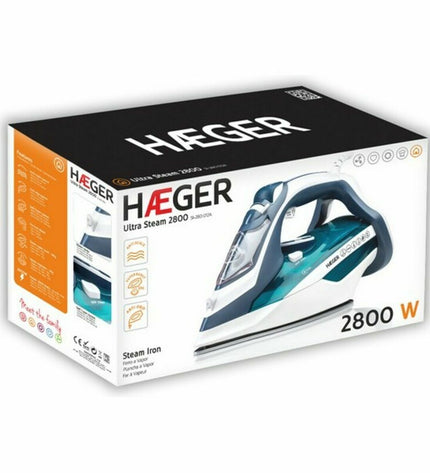Haeger SI-280.012B steam iron with 2800W power, white and gray design for home ironing and garment care