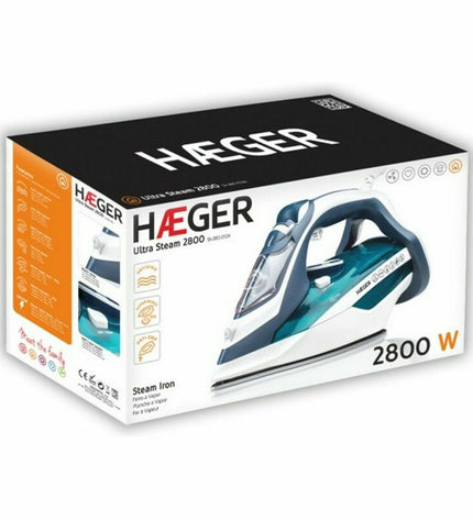 Haeger SI-280.014A 2800W stainless steel steam iron with ergonomic handle, designed for efficient home ironing.