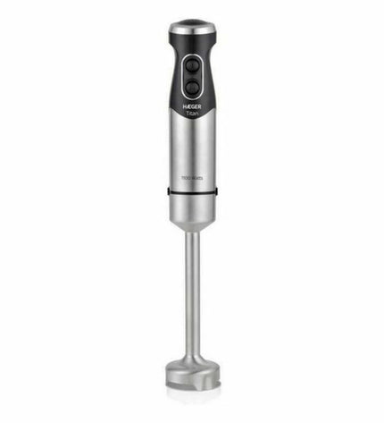 Haeger HB-11B.014A black hand blender with 1100W power, shown with blending attachment in a kitchen setting.