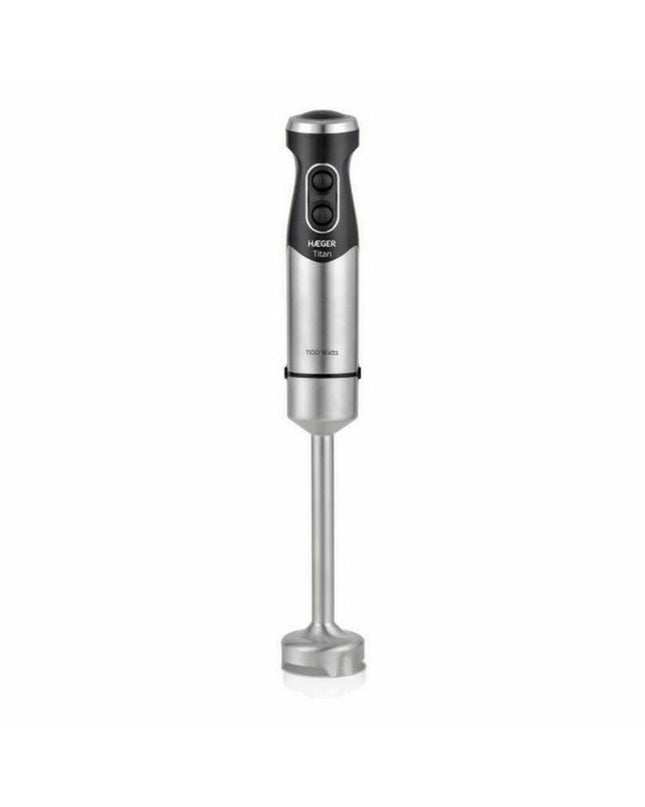Haeger HB-11B.014A black hand blender with 1100W power, shown with blending attachment in a kitchen setting.