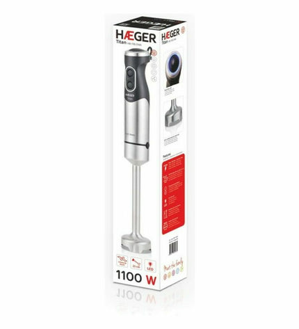 Haeger HB-11B.014A black hand blender with 1100W power, compact electric kitchen appliance for blending and mixing.