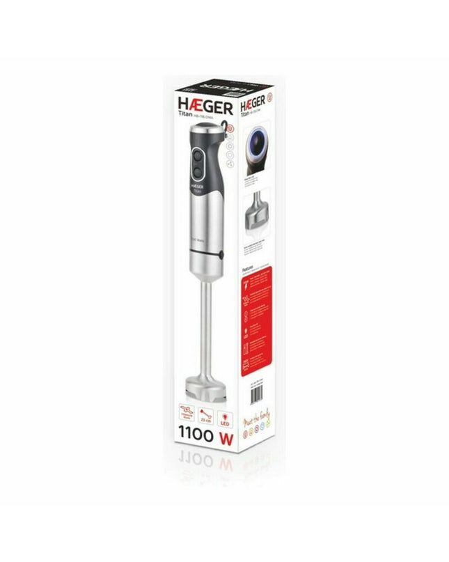 Haeger HB-11B.014A black hand blender with 1100W power, compact electric kitchen appliance for blending and mixing.