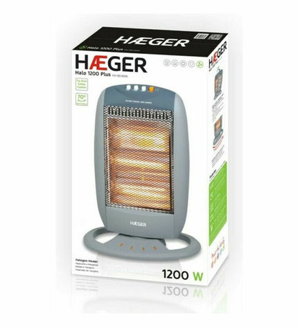 Haeger HH-120.002A 1200W white halogen heater for home and cooking, portable with adjustable temperature controls.