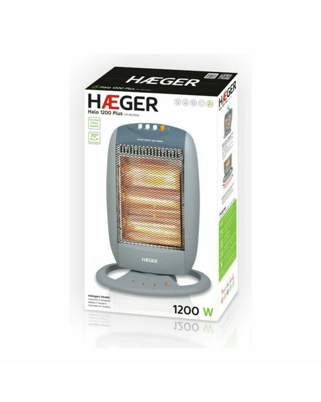 Haeger HH-120.002A 1200W white halogen heater for home and cooking, portable with adjustable temperature controls.