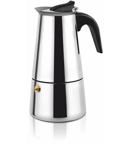 Haeger Italian coffee pot in black stainless steel with 6 cups, ideal for brewing traditional Italian coffee.