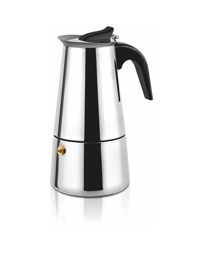 Haeger Italian coffee pot in black stainless steel with 6 cups, ideal for brewing traditional Italian coffee.