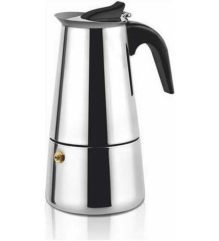Haeger CP-10S.002A Italian stainless steel coffee pot in silver, ideal for brewing traditional Italian coffee at home.