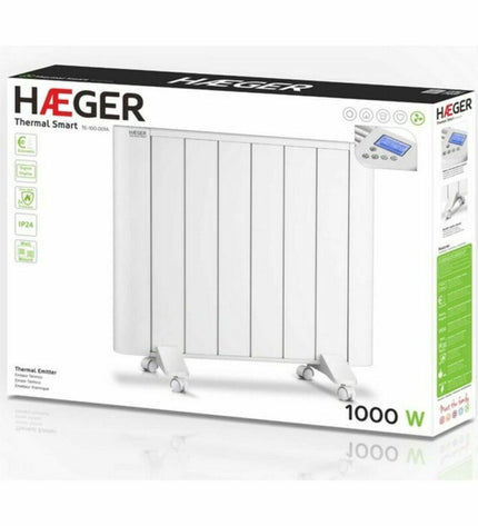 Haeger TE100001A 1000W white portable heater for home use, designed for heating and cooling in living spaces.