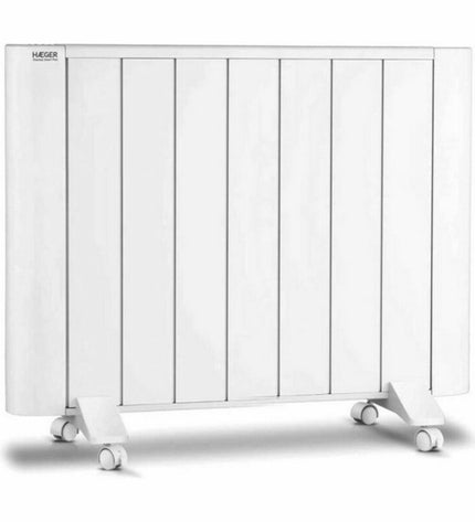 Haeger TE150002A 1500W white portable heater for home and cooking, compact and modern design for indoor warmth.