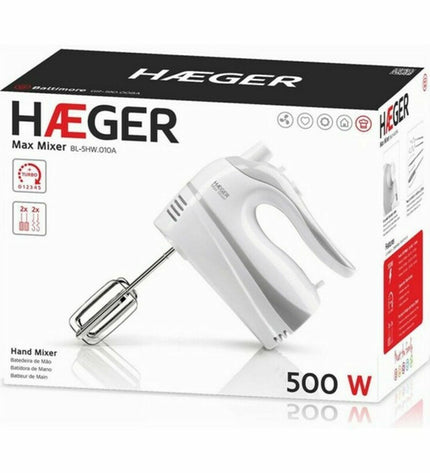 Haeger BL-5HW.011A 500W blender and dough mixer, compact kitchen appliance with control dial and blending attachments.