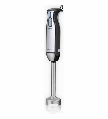 Haeger HB-10B.018A black and gray hand blender with 1000W power, featuring a sleek design for kitchen and cooking tasks.