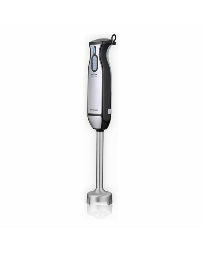 Haeger HB-10B.018A black and gray hand blender with 1000W power, featuring a sleek design for kitchen and cooking tasks.
