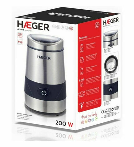 Haeger CG-200.001A electric coffee grinder with 200W motor, compact kitchen appliance for grinding coffee and spices.
