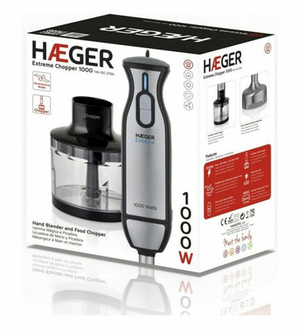 Haeger HB-10C.019A black 1000W mixer for home cooking, small electric kitchen appliance with a sleek design.