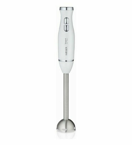 Haeger HB-400.021A Wit hand blender with 400W motor, shown with blending attachments, suitable for kitchen and cooking tasks.