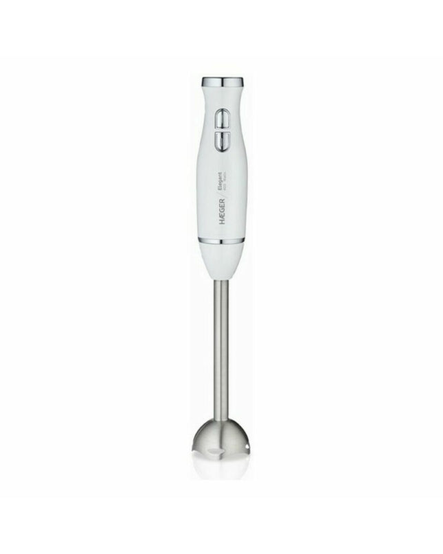 Haeger HB-400.021A Wit hand blender with 400W motor, shown with blending attachments, suitable for kitchen and cooking tasks.