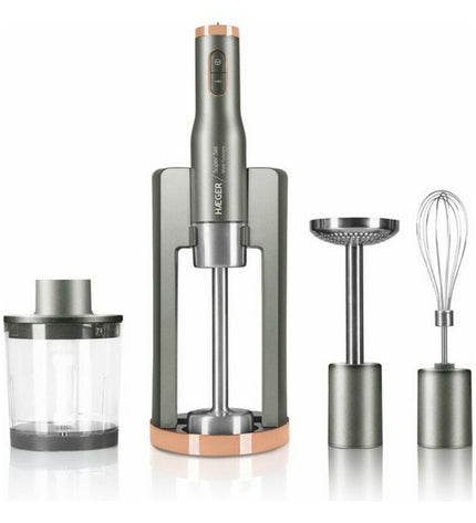 Haeger HB-80C.024A gray multifunctional hand blender with accessories, 800W, compact kitchen appliance for blending and mixing.