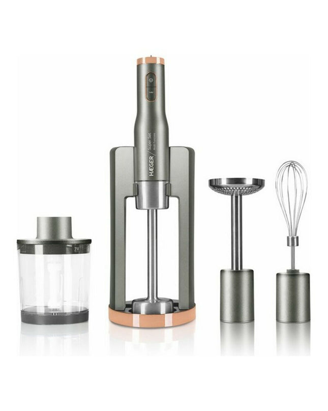 Haeger HB-80C.024A gray multifunctional hand blender with accessories, 800W, compact kitchen appliance for blending and mixing.
