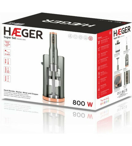 Haeger HB-80C.024A gray 800W multifunction stick blender with accessories for home cooking, shown with blending attachments.