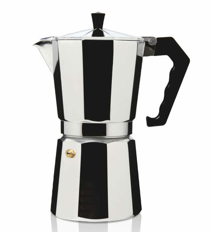 Haeger CP-06A.007A 1L Italian aluminium coffee pot on stovetop, designed for brewing traditional Italian coffee.